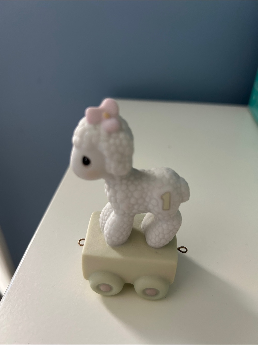 Precious Moments White Lamb Figurine on Pale Green Pull Cart with Pink Bow